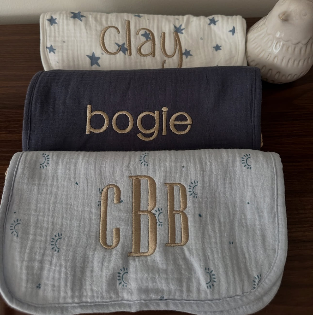 Embroidered Cotton Muslin Burp Cloths: Set of 3